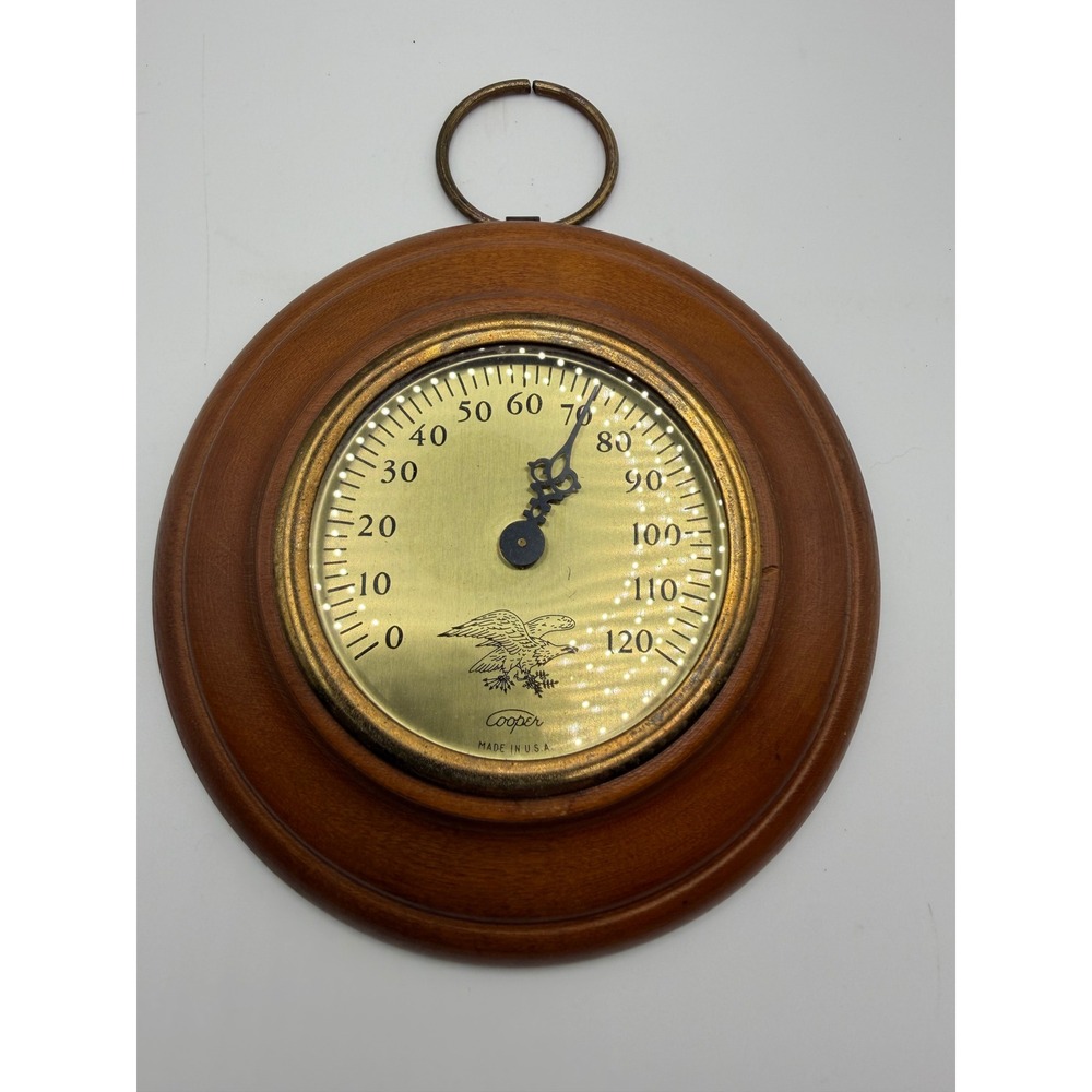 Vintage Cooper Wood Wall Thermometer Brass Face Eagle Graphic Made in USA 0-120F